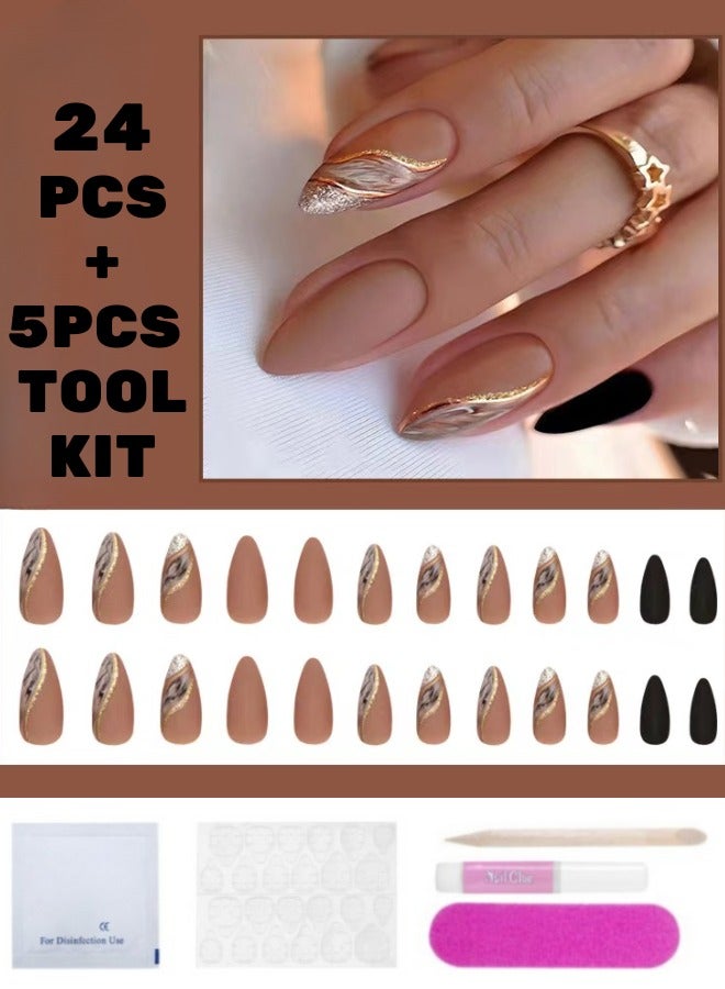 HANYII 24Pcs False Nails+5 Pcs Tool Kit Impress Press-On False Nails Gold and Black Lines - Image 1