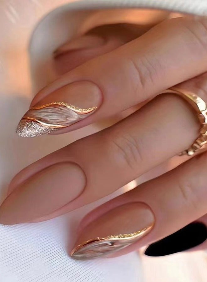 HANYII 24Pcs False Nails+5 Pcs Tool Kit Impress Press-On False Nails Gold and Black Lines - Image 2