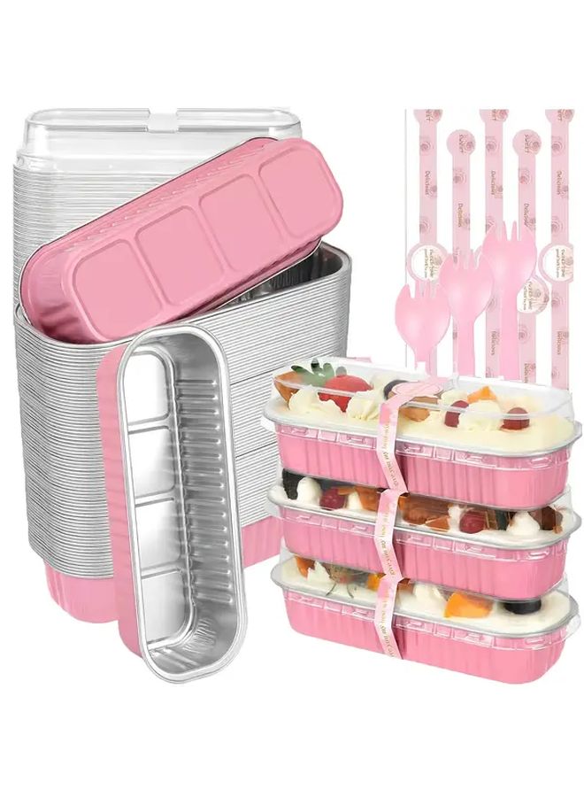 Pink Mini Baking Pan Set With Lids And Spoons 6.8oz Aluminum Foil 100pcs - Image 1