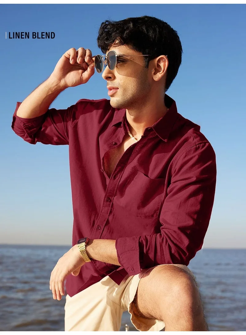 The Souled Store The Souled Store Men Red Solid Regular Fit Cotton Linen Shirts