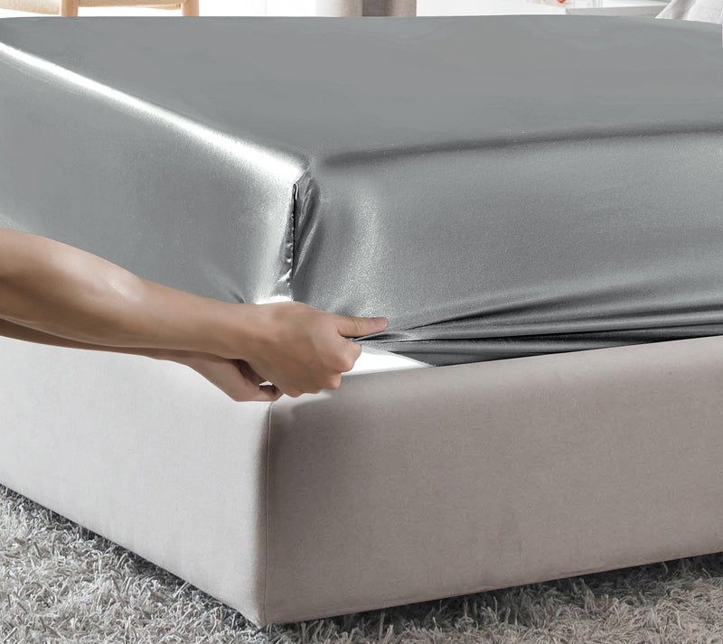 MILVOWOC Twin Satin Fitted Sheet  Light Gray Fitted Sheet Only Soft Bottom Fitted Sheet  Fitted Bed Sheets - 1 Piece - Image 4