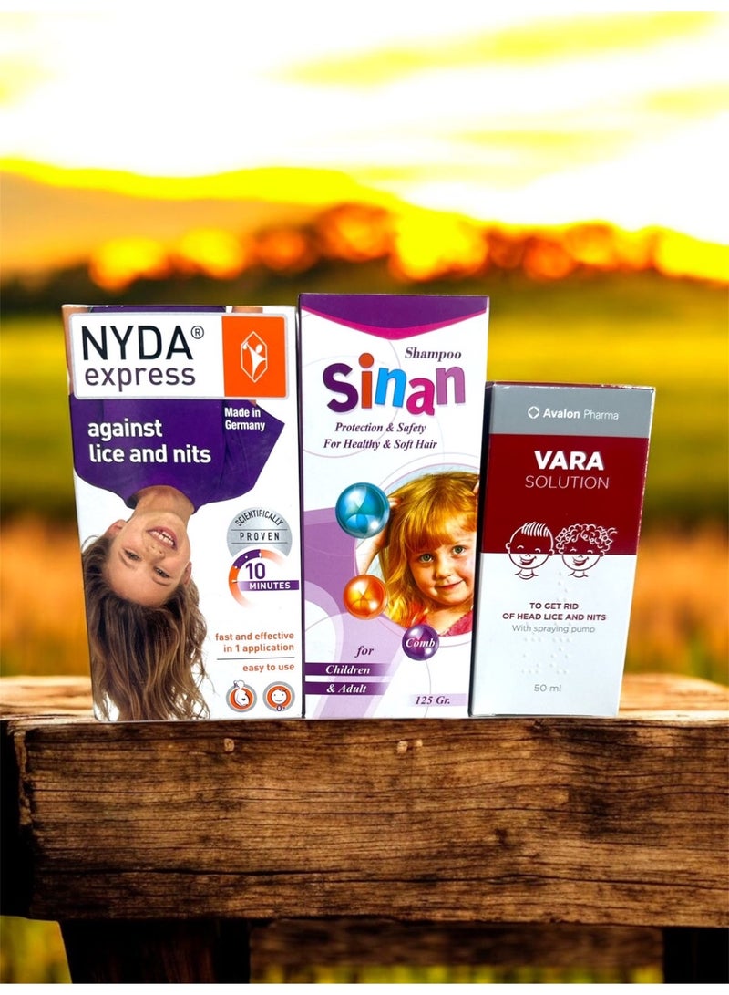 NYDA Lice elimination kit: Nyda Express spray 50 ml, Sinan shampoo 125 ml, and Fara solution 50 ml. - Image 1