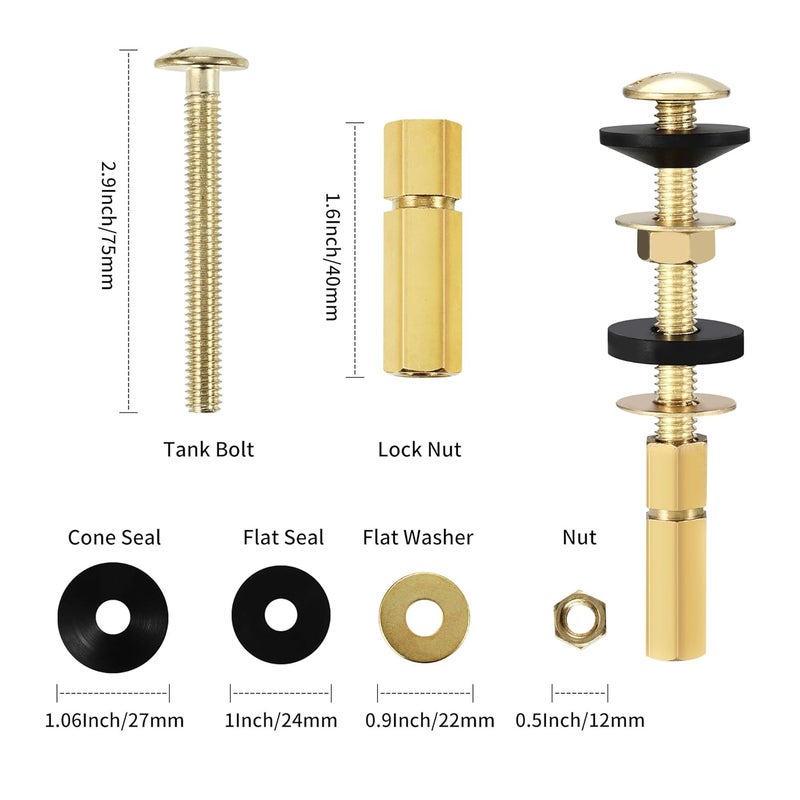 Opzour Universal Toilet Tank Bolt Replacement Kit, Heavy Duty Stainless Steel and Brass Plated Toilet Tank Bolts with Long Nuts and Rubber Washers Fits Most Toilets, Rustproof, Easy to Install, Leak-Proof - Image 3