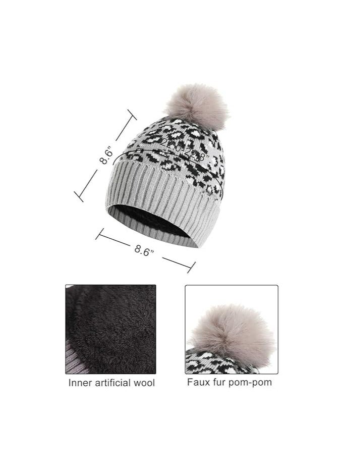 CMGTYYD. CMGTYYD طقم شتوي محبوك من 3 قطع بطبعة جلد النمر قبعة وقفازات دافئة ومزركشة بطبعة جلد النمر فتيات （بيج） - Image 4