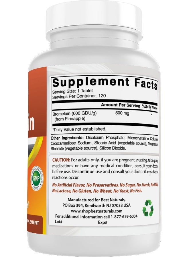 Best Naturals Bromelain Proteolytic Digestive Enzymes Supplements, 500 mg, 120 Tablets