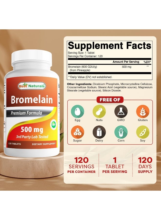 Best Naturals Bromelain Proteolytic Digestive Enzymes Supplements, 500 mg, 120 Tablets