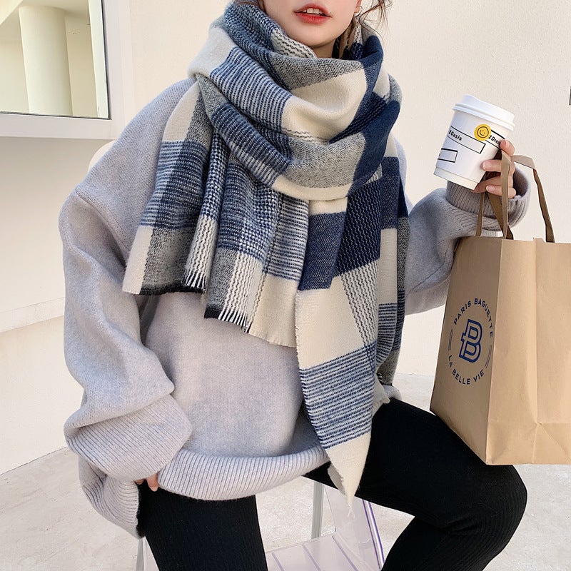 New Japanese Blue Plaid Scarf Thick Warm Navy blue stripes (main picture)