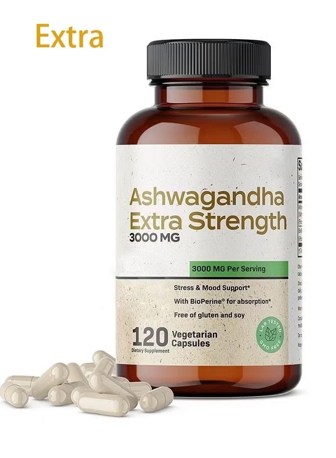 إكسترا Ashwagandha Capsules Extra Strength 3000mg - صيغة تخفيف الإجهاد ، دعم المزاج الطبيعي ، مكمل دعم الإجهاد والتركيز والطاقة ، 120 كبسولة - Image 2