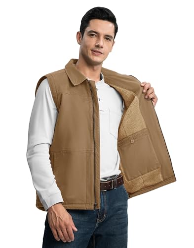TBMPOY Men's Winter Vest Casual Sherpa Fleece lined Full Zip Lightweight Vest Outerwear Warm Cotton Travel Jackets Khaki L - Image 4