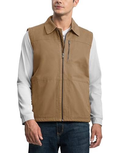 TBMPOY Men's Winter Vest Casual Sherpa Fleece lined Full Zip Lightweight Vest Outerwear Warm Cotton Travel Jackets Khaki L - Image 2