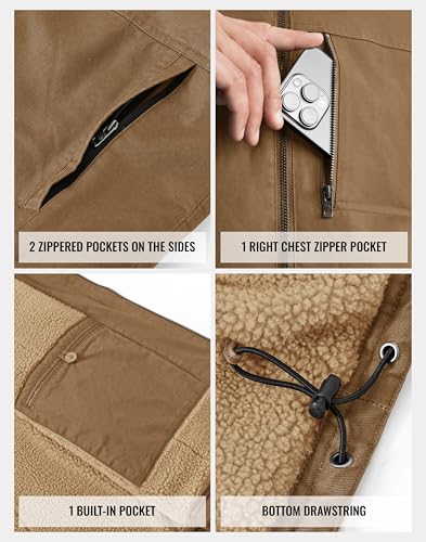 TBMPOY Men's Winter Vest Casual Sherpa Fleece lined Full Zip Lightweight Vest Outerwear Warm Cotton Travel Jackets Khaki L - Image 5