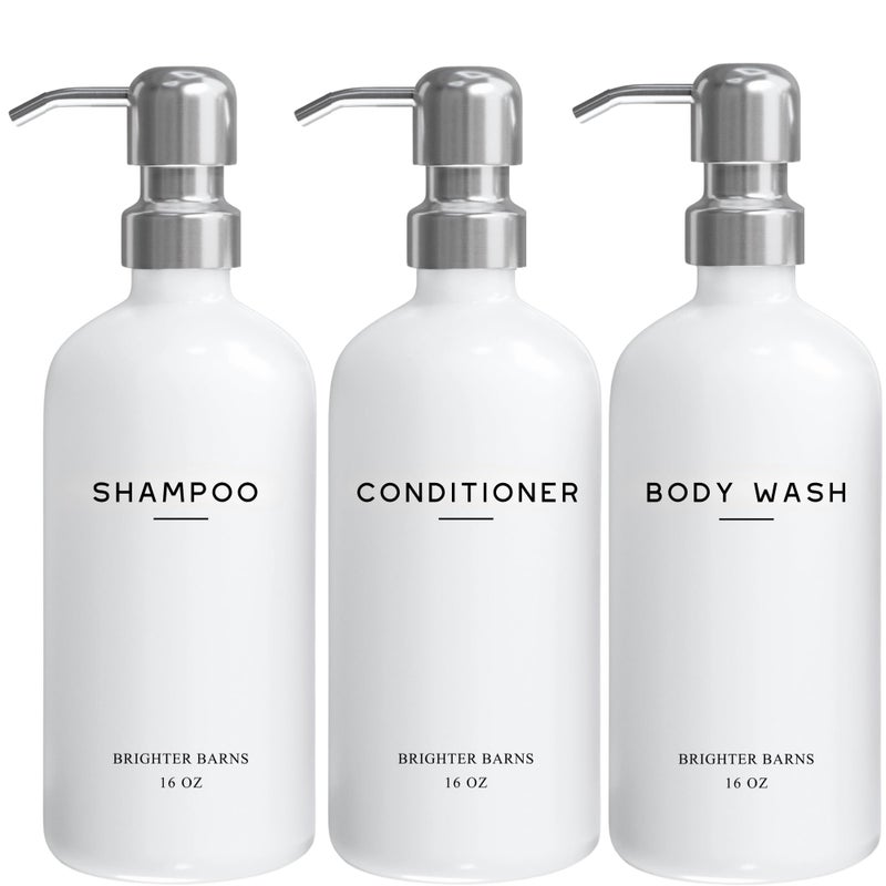 Brighter Barns White Shampoo and Conditioner Dispenser Set by Brighter Barns - Shower Dispenser for Bathroom - Refillable Plastic Shampoo Bottle & Stainless Steel Pump - Shampoo Dispenser for Vacation Rental (White) - Image 1