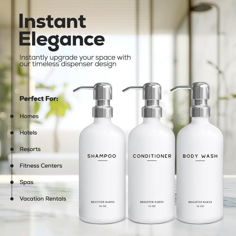 Brighter Barns White Shampoo and Conditioner Dispenser Set by Brighter Barns - Shower Dispenser for Bathroom - Refillable Plastic Shampoo Bottle & Stainless Steel Pump - Shampoo Dispenser for Vacation Rental (White) - Image 2