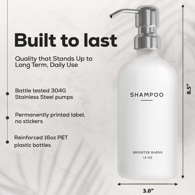 Brighter Barns White Shampoo and Conditioner Dispenser Set by Brighter Barns - Shower Dispenser for Bathroom - Refillable Plastic Shampoo Bottle & Stainless Steel Pump - Shampoo Dispenser for Vacation Rental (White) - Image 3