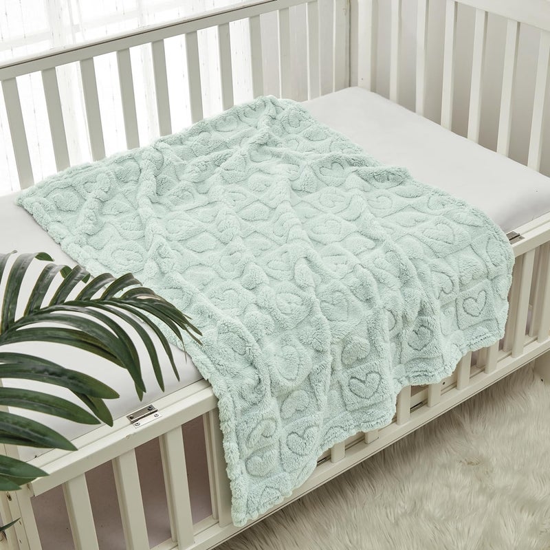 CREVENT 30"X40" Cozy Soft Warm Sherpa Baby Blanket for Girls Boys, Newborn Essentials for Infant, Baby Shower Receiving Gift - Green Heart 75X100cm + Gift Bag with Ribbon - Image 1