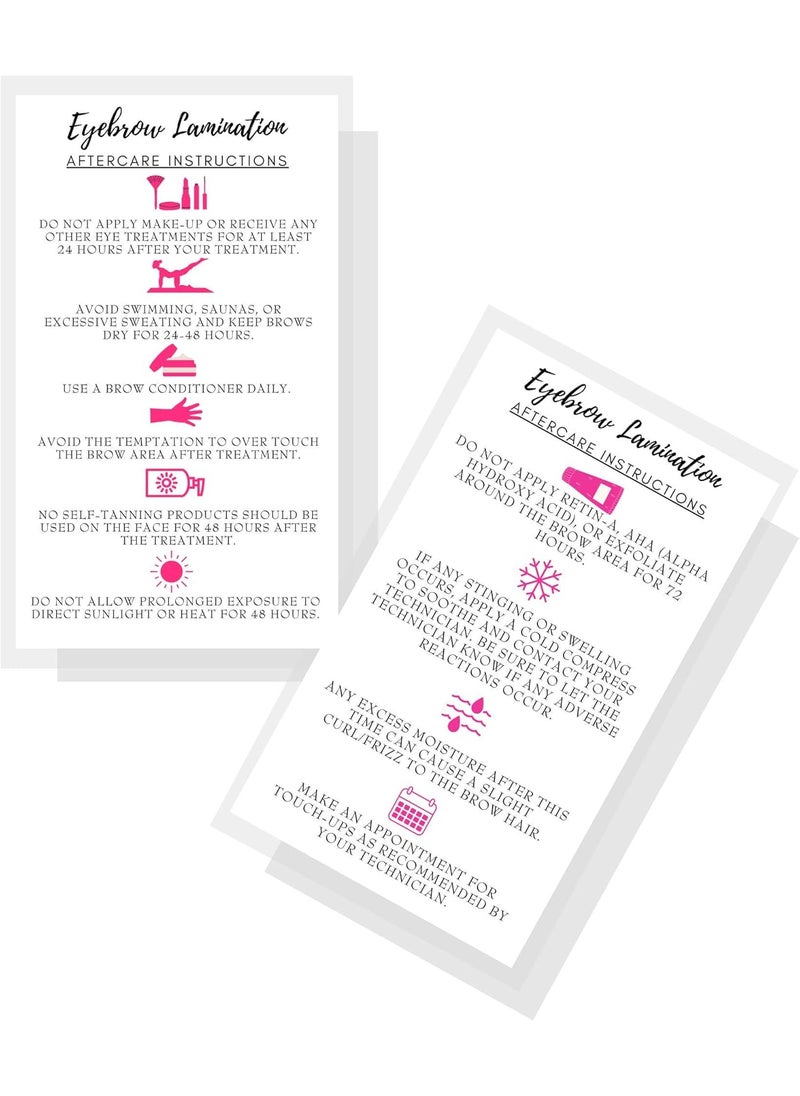 Boutique Marketing LLC Eyebrow Lamination Aftercare Instruction Cards | Physical Printed 2 x 3.5” inches Business Card Size | Starter Lift Kit with Tint at home diy aftercare supplies | White with Icons Design 