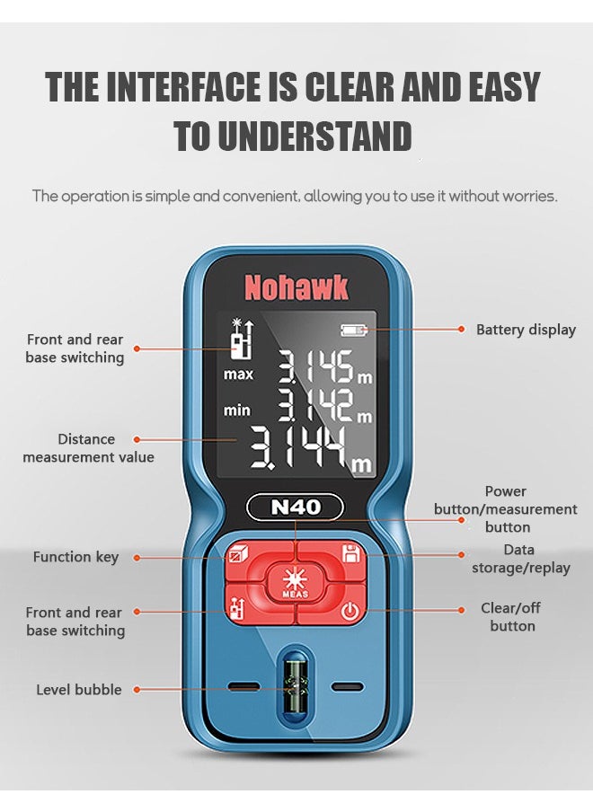 Nohawk - Laser Distance Meter with LCD Display, 50M/165ft Mini Digital Rangefinder, High Accuracy Range Finder Professional (Blue) - Image 1