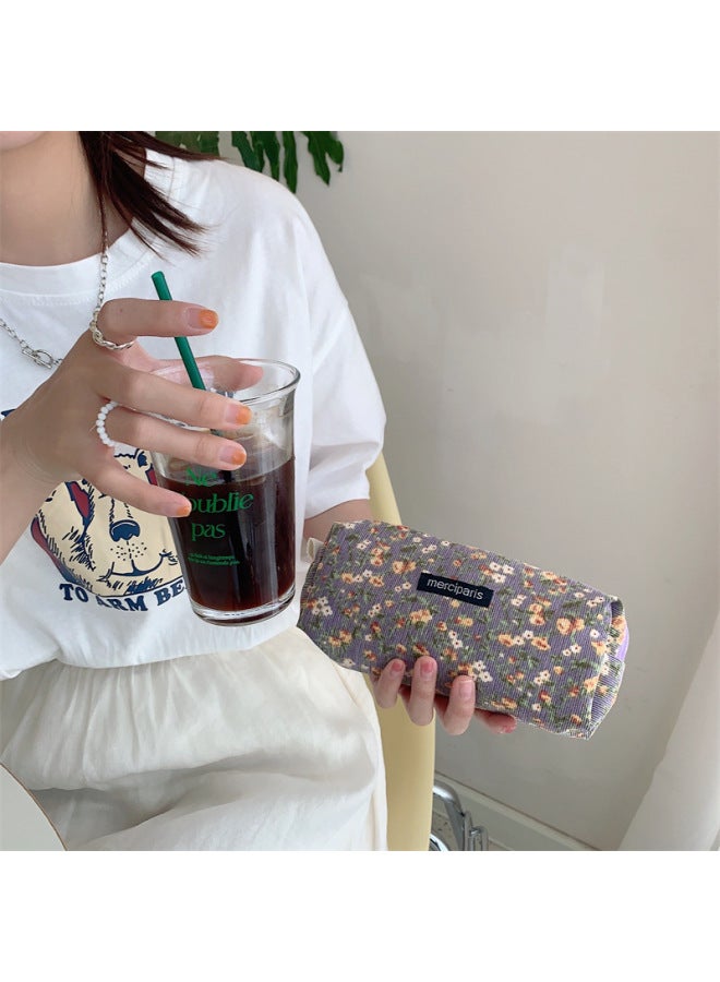 11271 Korean-style Corduroy Vintage Artistic Pencil Case Ins Japanese Student Canvas Cosmetic Bag Storage And Finishing Bag-Color:Purple Flower Branch - Image 1