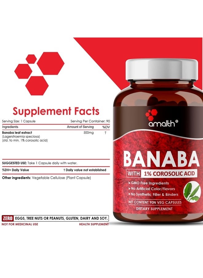 AMALTH - Banaba Leaf Extract 1% Corosolic Acid 500 mg |90 Veg Capsules|Supports Glucose Metabolism Levels| Vegan|Non GMO - Image 1