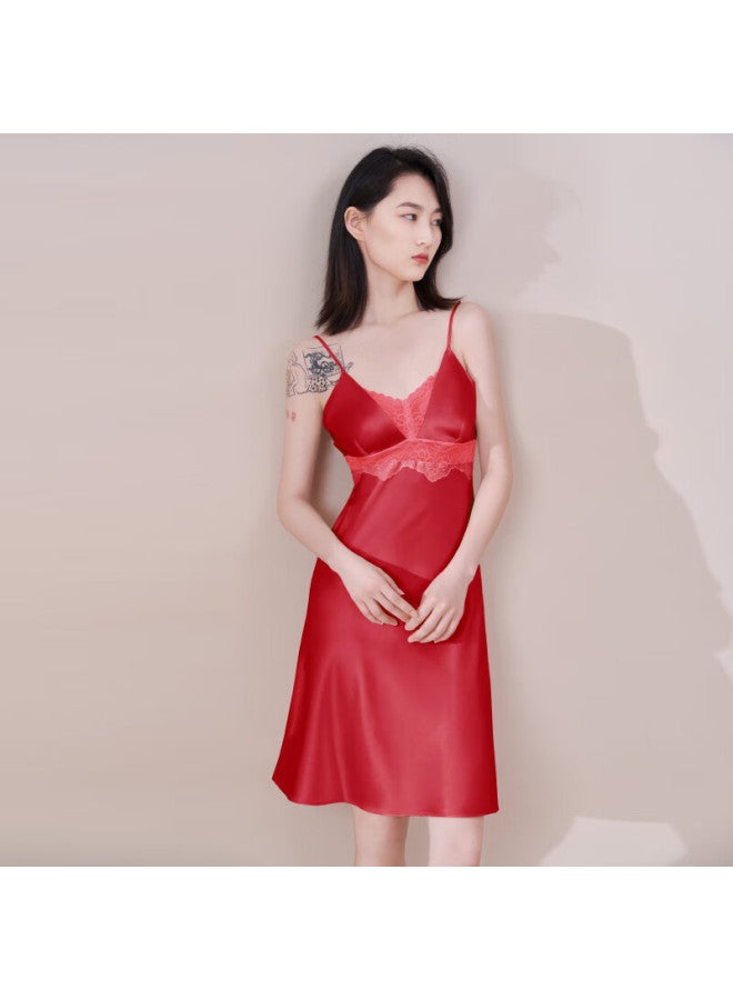 Agentmuse Women's Silk Pajamas Mulberry Silk Camisole Lace Nightdress 442 Lucky Red L