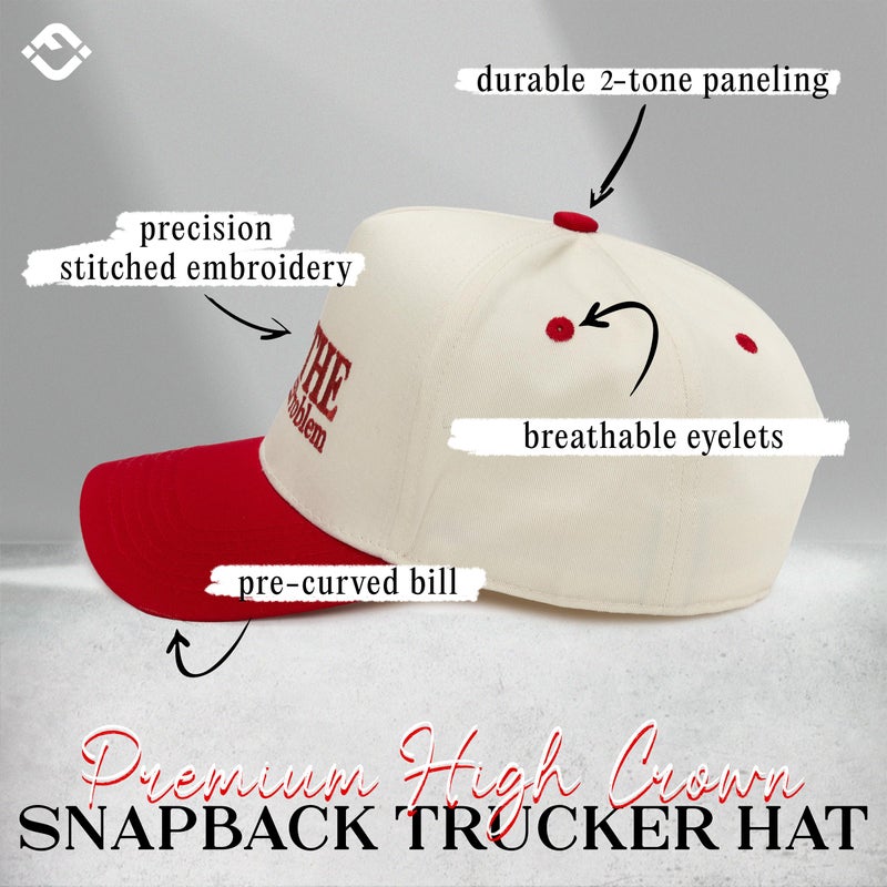 Funky Junque Vintage Embroidered Cute Trucker Hat for Women Adjustable Snapback Cap - Houston I Am the Problem - Beige/Red - Image 3
