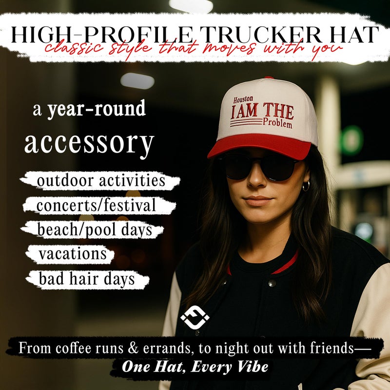 Funky Junque Vintage Embroidered Cute Trucker Hat for Women Adjustable Snapback Cap - Houston I Am the Problem - Beige/Red - Image 2