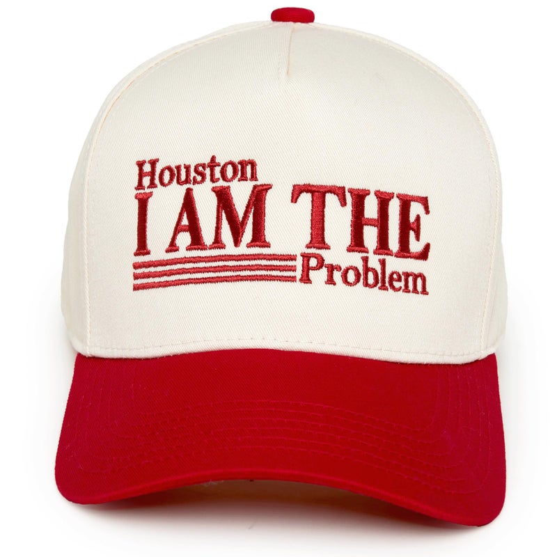 Funky Junque Vintage Embroidered Cute Trucker Hat for Women Adjustable Snapback Cap - Houston I Am the Problem - Beige/Red - Image 1
