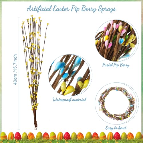 Juinte 32 Pcs Easter Artificial Berry Garland Spring Pip Berry Sprays Pastel Picks Stems Floral Picks Stems for Easter Vase Filler Centerpieces Craft Wreath Making Home Decor 4 Colors - Image 3