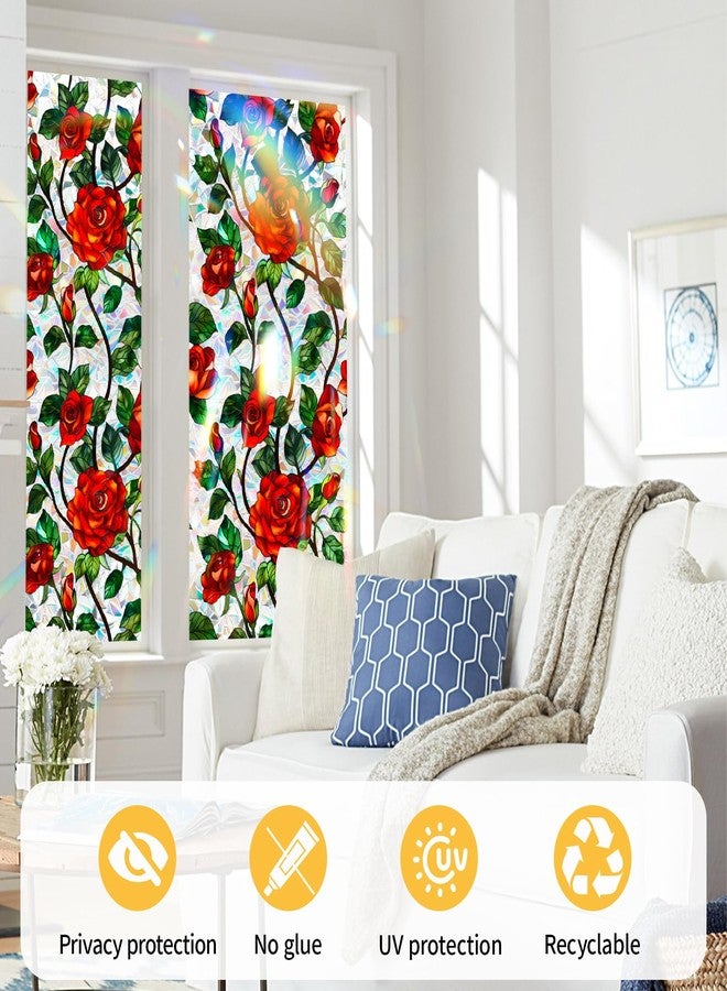 Bloss Stained Glass Windows Film,3D Red Rose Privacy Window Film,Flower Rainbow Glass Decals Stickers,Anti UV Sun Blocking Static Cling Films,No Glue Window Privacy Films for Home/Office,17x39.4Inch - Image 4
