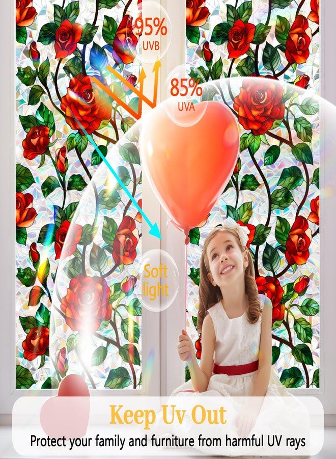 Bloss Stained Glass Windows Film,3D Red Rose Privacy Window Film,Flower Rainbow Glass Decals Stickers,Anti UV Sun Blocking Static Cling Films,No Glue Window Privacy Films for Home/Office,17x39.4Inch - Image 3