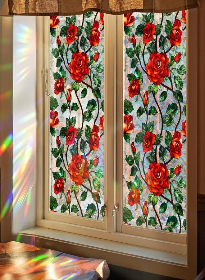Bloss Stained Glass Windows Film,3D Red Rose Privacy Window Film,Flower Rainbow Glass Decals Stickers,Anti UV Sun Blocking Static Cling Films,No Glue Window Privacy Films for Home/Office,17x39.4Inch - Image 1