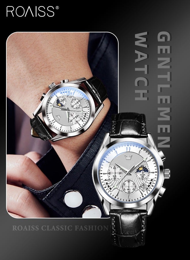 roaiss Men's Leather Strap Chronograph Quartz Watch Round Silver Dial with Moon Phase and Calendar Display Waterproof Luminous Wristwatch as Gift for Men - Image 1
