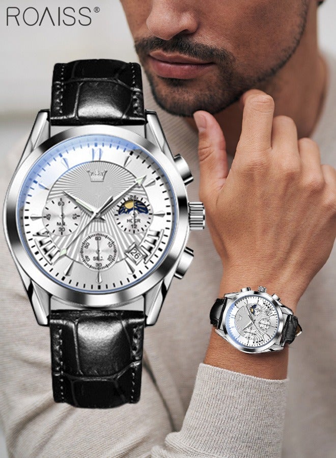 roaiss Men's Leather Strap Chronograph Quartz Watch Round Silver Dial with Moon Phase and Calendar Display Waterproof Luminous Wristwatch as Gift for Men - Image 2