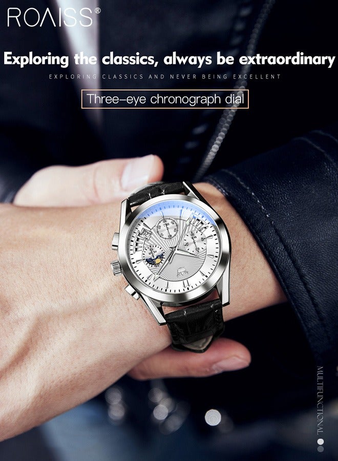 roaiss Men's Leather Strap Chronograph Quartz Watch Round Silver Dial with Moon Phase and Calendar Display Waterproof Luminous Wristwatch as Gift for Men - Image 3