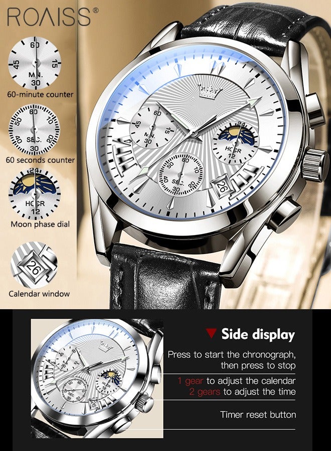 roaiss Men's Leather Strap Chronograph Quartz Watch Round Silver Dial with Moon Phase and Calendar Display Waterproof Luminous Wristwatch as Gift for Men - Image 5