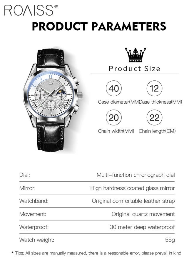 roaiss Men's Leather Strap Chronograph Quartz Watch Round Silver Dial with Moon Phase and Calendar Display Waterproof Luminous Wristwatch as Gift for Men - Image 4