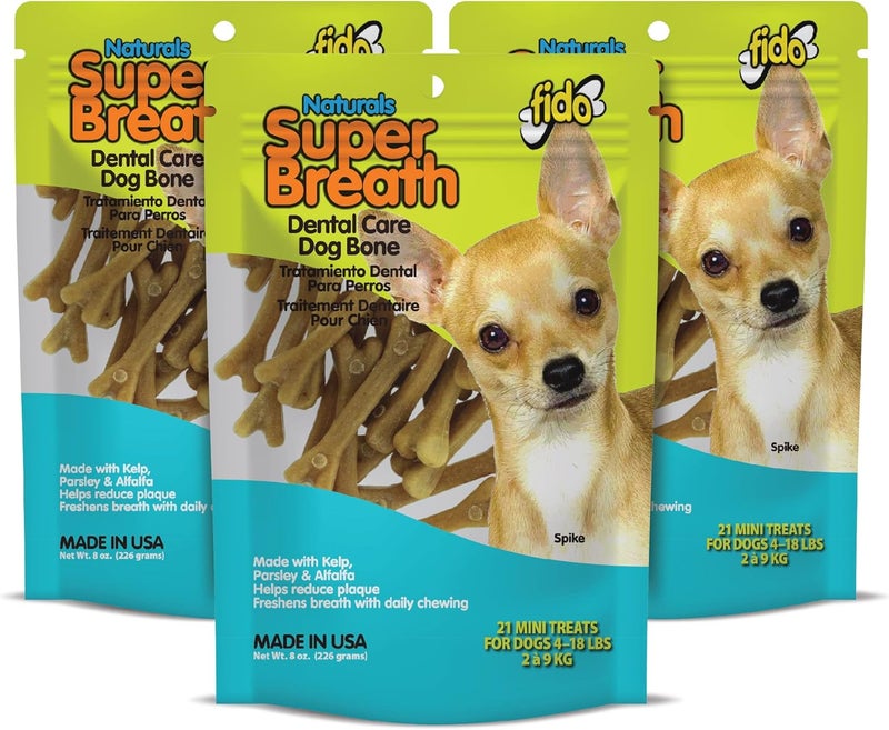 FIDO NATURALS Super Breath Dental Care Bones for Dogs - 21 Treats/Pack (3 Pack) - Dog Dental Treats for Small Dogs, Made in USA, Dog Dental Chews Help Reduce Plaque, Tartar Buildup & Freshens Breath - Image 1
