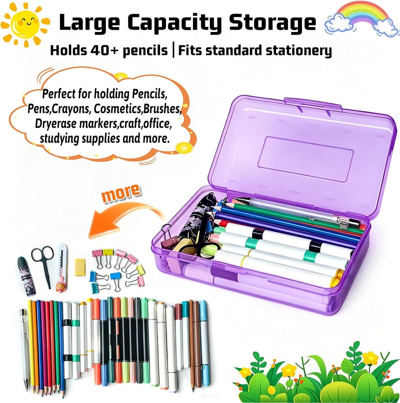 ZYLOP Pencil Box, Large Capacity Clear Plastic Pencil Case with Snap-tight Lid, Hard Shell Office Supply Organizer, Stackable Crayon Box for Pens, Markers & Art Supplies, Purple (1 Pack) - Image 3