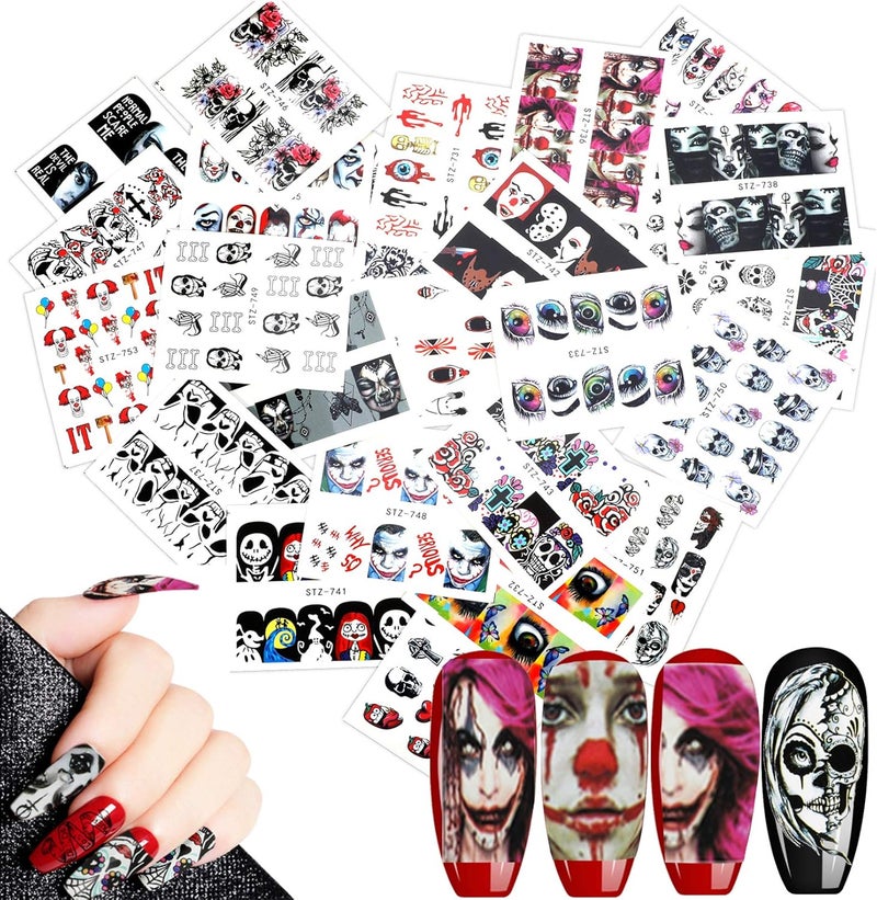 25 Sheets Halloween Nail Art Decals Stickers MWOOT Water Transfer Grimace Skull Eye Full Wrap Stickers Set for DIY Nail Tips