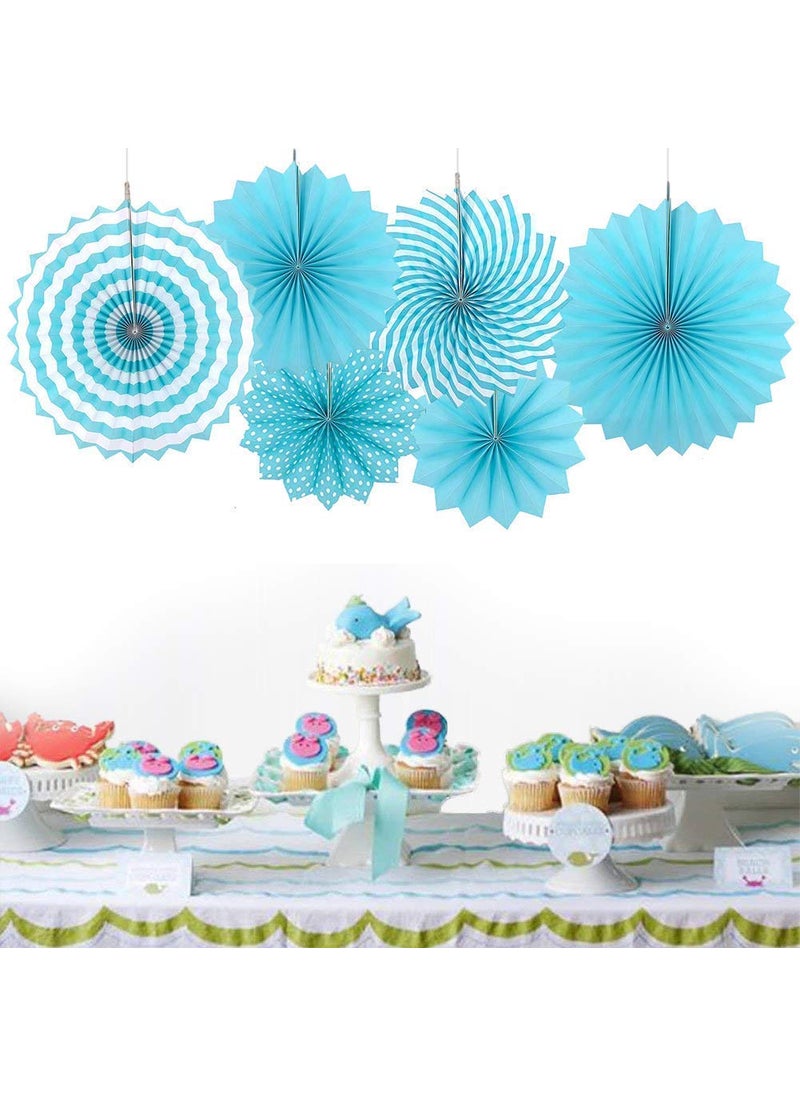 Sage Square Sage Square Paper Fan Party Decoration Set Plain Printed for Baby Shower Photo Booth Wedding Birthday Party Pack of 6 Blue  - Image 1