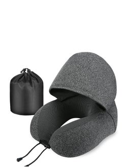 Excefore Neck Pillow for Travel, Memory Foam Travel Pillow with Hood, Adult Airplane Pillow for Head Rest Neck Support, Portable Pillow for Office Cars Trains Long Flights Sleeping, Deep Grey  - Image 1
