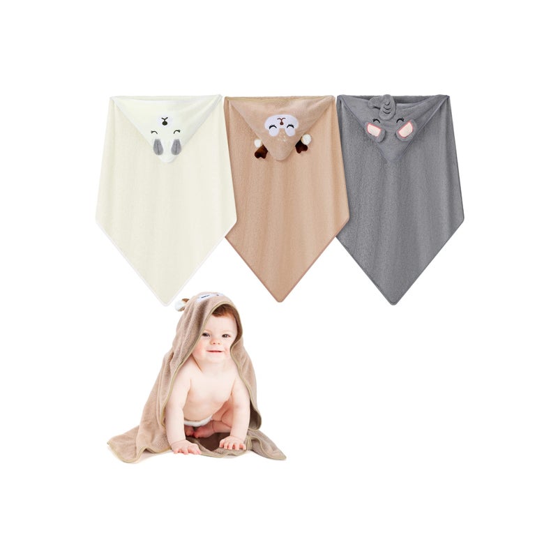 3PCS HoodedA Towel Set for Newborn Boys and Girls, Soft Terry Baby Hooded Bath Wrap Baby Bathing Towel and Washcloths Kit Baby Hooded Bath Wrap Set for Baby Supplies (Elephant, Bear, Deer) - Image 1