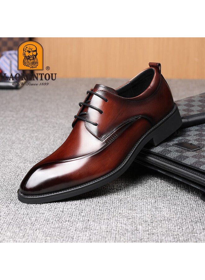 Laorentou Men's Leather Shoes, Top Grain Leather, British Style Business Casual Shoes, Pointed Toe Wedding Shoes, Work Formal Shoes, La12371, Brown, Size 43