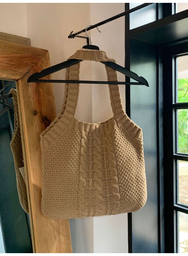 Artistic Vintage Large Capacity Cable Knit Handbag Tote Crossbody Bag For Women High Quality Ladies Purse-Color:Khaki - Image 1