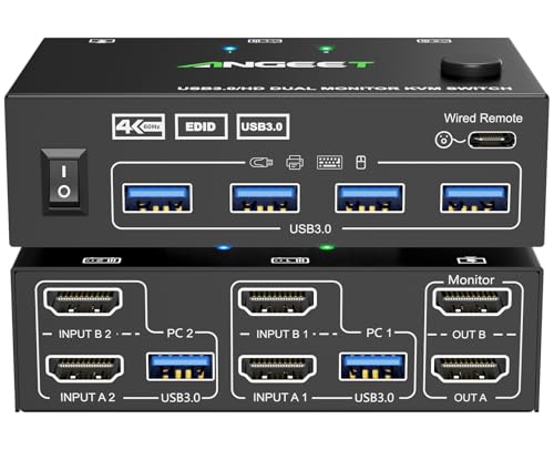 ANGEET HDMI KVM Switch 2 Monitors 2 Computers 4K@60Hz 2K@144Hz, EDID Simulation, ANGEET Dual Monitor KVM Switch with 4 USB 3.0 Port for Keyboard Mouse, 2 Monitors KVM Switches with Wired Remote and USB Cable - Image 1
