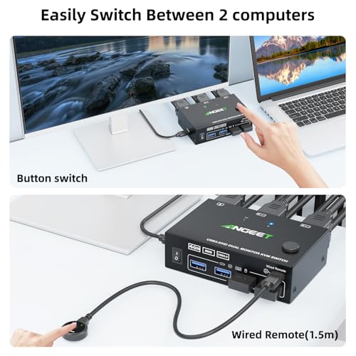 ANGEET HDMI KVM Switch 2 Monitors 2 Computers 4K@60Hz 2K@144Hz, EDID Simulation, ANGEET Dual Monitor KVM Switch with 4 USB 3.0 Port for Keyboard Mouse, 2 Monitors KVM Switches with Wired Remote and USB Cable - Image 5