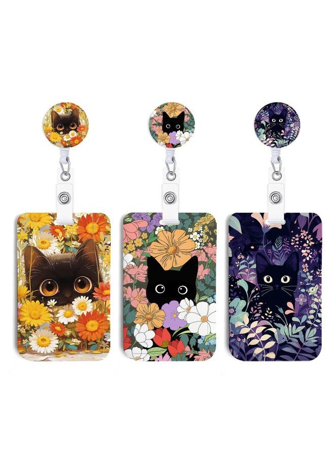 NICCCARD 3 Set Cat Hiding in The Flowers ID Badge Holder with Clip Badge Reels Retractable Heavy Duty,Keychain，ID Holder for School Nurse Office - Image 1