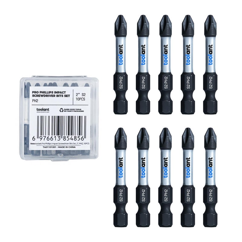 toolant 2 Inch Phillips Bit2 Magnetic Anti Slip Impact Screwdriver Bits Set10Pack