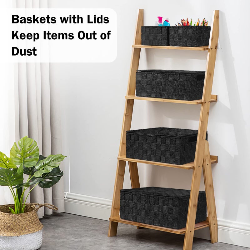 Uvellgift Storage Bins Baskets for Organizing with Lids, Storage Baskets for Shelves Stackable Woven Basket, Gift Small Basket Storage Cubes, Decorative Wicker Basket with Built-in Handles (5 Pack, Black) - Image 3