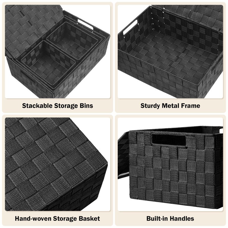 Uvellgift Storage Bins Baskets for Organizing with Lids, Storage Baskets for Shelves Stackable Woven Basket, Gift Small Basket Storage Cubes, Decorative Wicker Basket with Built-in Handles (5 Pack, Black) - Image 4